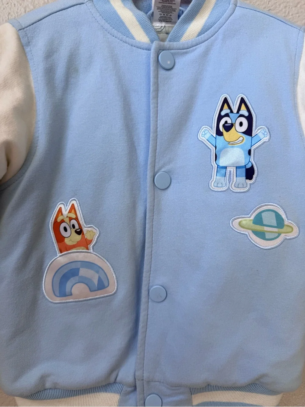 Bluey Toddler Varsity Jacket 4T Quilted Snap Front Blue & White Cartoon Coat